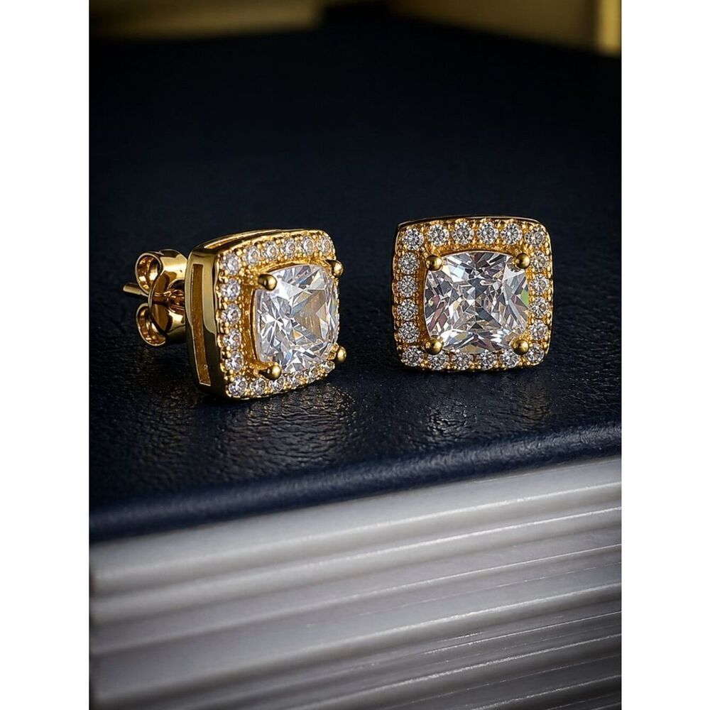 Gold Square Micro Pave Stud Earrings